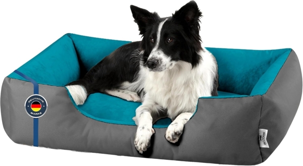 BedDog Hundebett LUPI, Hundesofa aus Cordura, Microfaser-Velours, waschbares Hundebett mit Rand, Hundekissen vier-eckig (L) ca. 80x65x18cm, BLUE-ROCK (grau/blau)