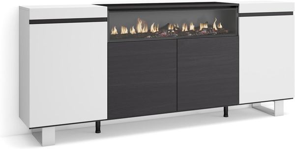 Skraut Home | Sideboard, Highboard | Kommode, Komodenschrank | 200 x 87 x 35 cm | 4 Türen | Elektrokamin. Maße | Industriedesign | Moderner Stil | Weiß und Schwarz