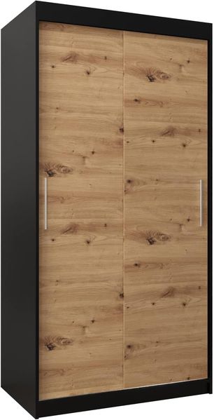 Kryspol Schwebetürenschrank Tokyo 100 cm Kleiderschrank mit Kleiderstange und Einlegeboden Schlafzimmer- Wohnzimmerschrank Schiebetüren Modern Design (Schwarz + Artisan Eiche)