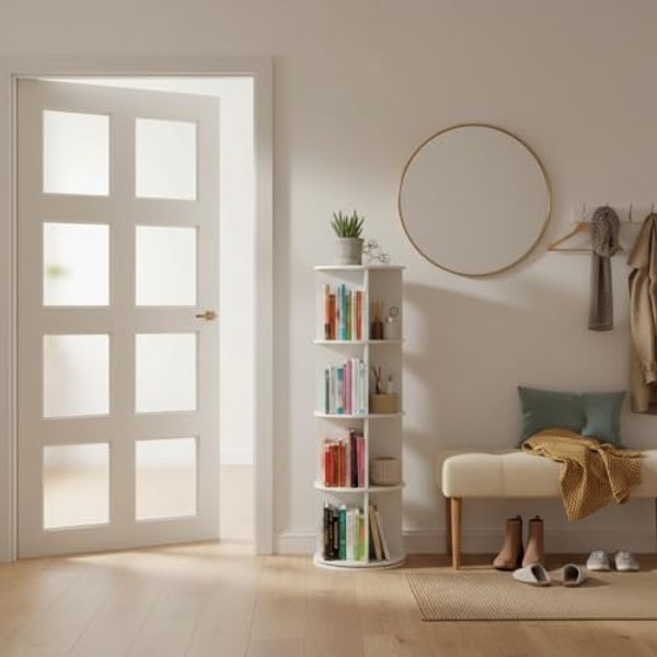 FurnitureR Moderner drehbarer Flur-Organizer, 40 x 40 x 128 cm, Weißes Rundregal mit 5 Ebenen, Platzsparendes Bücherregal für Eingangsbereich