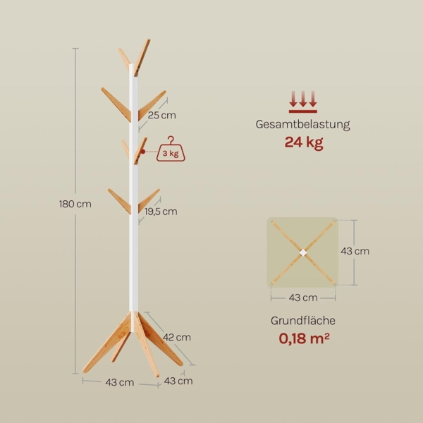 Woltu Kleiderständer, (1 St), mit 8 Haken, 180cm Höhe, aus Massive Holz Bild 3