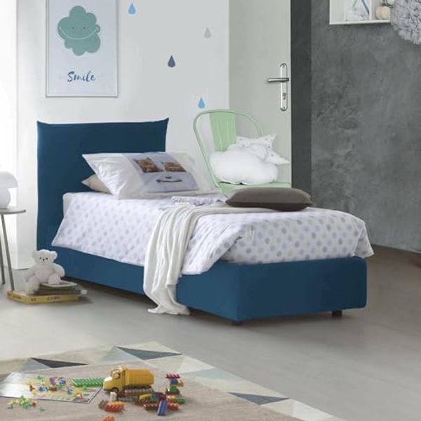 Talamo Italia - Einzelbett Cosetta, Bettkasten mit Stoffbezug, 100% Made in Italy, seitliche Öffnung, inklusive Matratze 80x190 cm, Blau