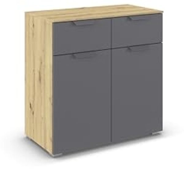 rauch Aditio Box, Kommode, 2-türig, 2 Schubladen, mit Softclose-Funktion, Farbe Grau metallic/Eiche Artisan, BxHxT 80x81x42cm