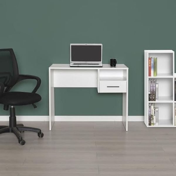 Modern Study Desk, White, 90 x 75 x 52 cm | 100% Melamine Coated Particle Board, 16 mm Thickness | Stylish & Functional for Home Office & Study