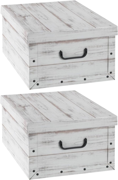 Home4You Aufbewahrungsbox 2er Set, B 51 cm x T 37 cm, mit Deckel, Weiß, Holzkistenoptik