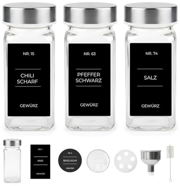 mixed24 Gewürzstreuer 24x Gewürzgläser Edelstahl Deckel 120ml, (inkl. 240 Etiketten, 30x Streueinsätze, 24-tlg), 1x Edelstahl Trichter, 1x Reinigungsbürstchen