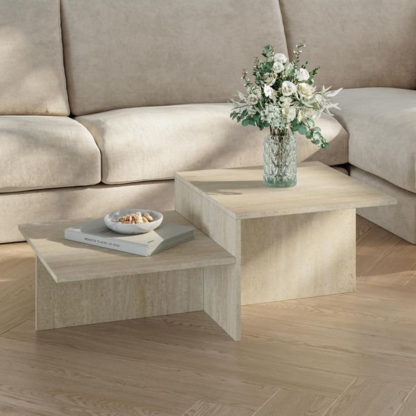 Couchtisch Taniena mit doppelter Tischplatte 100x55x35 cm Travertin [en. casa]