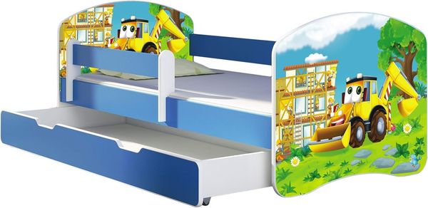 ACMA Kinderbett Jugendbett mit Einer Schublade und Matratze Blau mit Rausfallschutz Lattenrost II 140x70 160x80 180x80 (20 Bagger, 160x80 + Bettkasten)