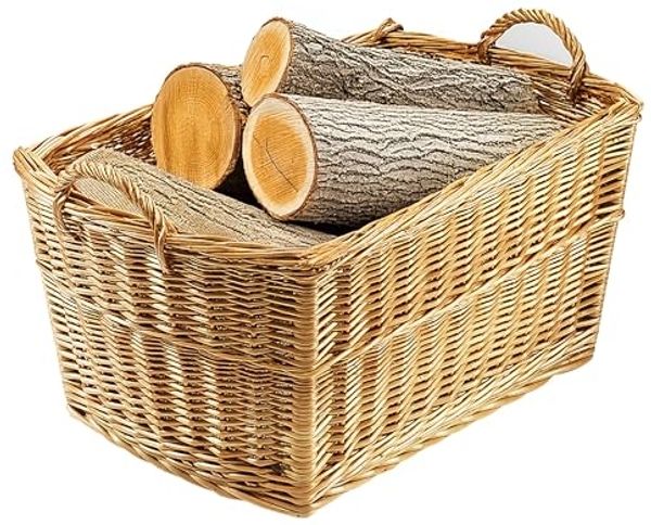 Kobolo Kaminholzkorb Holztrage eckig gekochte Weide mit Leinenstoff ausgeschlagen