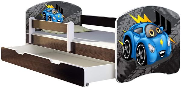 ACMA Kinderbett Jugendbett mit Einer Schublade und Matratze Wenge mit Rausfallschutz Lattenrost II 140x70 160x80 180x80 (04 Blaue Auto, 180x80 + Bettkasten)