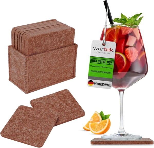 wortek Getränkeuntersetzer Filz-Untersetzer Eckig für Gläser 10er Set + Box, Zubehör für Tisch & Gläser, Set, 10-tlg, waschbare Getränke Glasuntersetzer Gläser, Tischuntersetzer Filz 10 cm