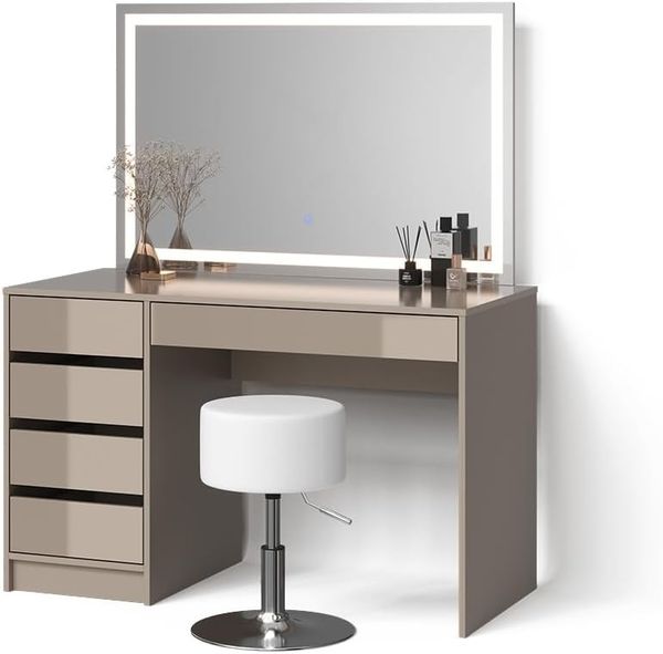 Livinity® Schminktisch Imola, Greige, mit LED-Spiegel und Hocker (2-St)
