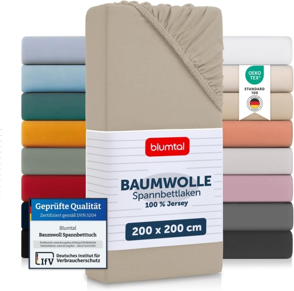 Blumtal® Baumwolle Spannbettlaken 200x200 cm Basics Jersey - Bettbezug 200x200 cm - Oeko-TEX zertifiziertes Spannbetttuch 200x200 cm - Matratzenbezug 200x200 cm - Bettbezug - Leintuch - Taupe