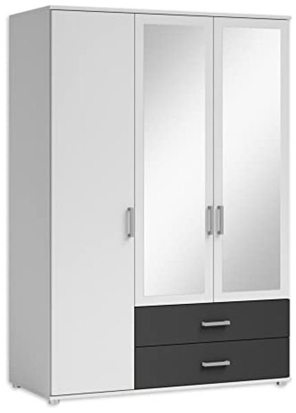 IVAR Kleiderschrank mit Spiegeln und Schubladen - Vielseitiger Drehtürenschrank 3-türig in Weiß, Graphit - 125 x 190 x 51 cm (B/H/T)