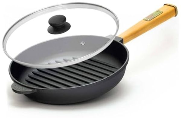 Ø24cm Grillpfanne aus Gusseisen mit Glasdeckel Induktion Holzgriff Bratpfanne Pfanne Feuerpfanne