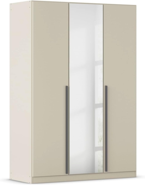 rauch Kleiderschrank Alba, Drehtürenschrank, Garderobenschrank, 3-türig, mit Spiegel, mit 2 Kleiderstangen und 2 Einlegeböden, Farbe Champagner, Beige, Griffstange Grau metallic, Schwarz, 136x197x56cm