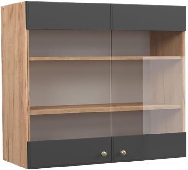 Vicco Küchenschrank Küchenmöbel Fame-Line Landhaus Küche Einbauküche Küchenzeile Blende Unterschrank Hochschrank Hängeschrank (Eiche-Anthrazit-Gold, Hängeglasschrank 80 cm)