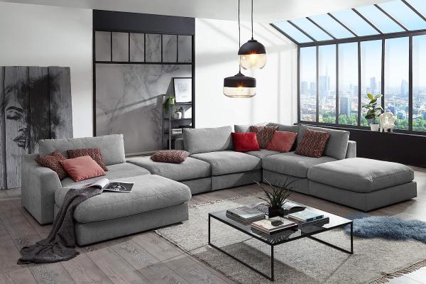 CAVADORE Sofa-Modul "Fiona" Longchair mit Armteil links / XXL-Recamiere passend zur Couchgarnitur Fiona / 139 x 90 x 199/Webstoff hellgrau Bild 2