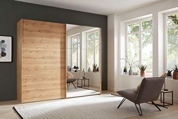 WIEMANN Korfu Kleiderschrank, Schwebetürenschrank, Schlafzimmerschrank, mit Schiebetüren, Breite 250 cm, mit Spiegel rechts, Holz, Bianco Eiche, B/H/T 250 x 217 x 67 cm