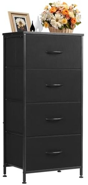 DUMOS Kommode mit Schubladen - Kommoden & Sideboards für Schlafzimmer Geeignet, Komodenschrank mit 4 Schubladen, Stoffkommode mit Stabilem Stahlrahmen, Ideal für Schlafzimmer, Wohnzimmer (Schwarz)