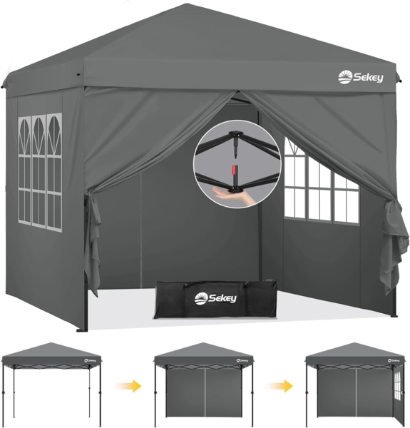 Sekey Premium Pop Up Pavillon 3x3 Wasserdicht Stabil, 3x3 m Pavillon mit Seitenwänden, Faltpavillon Partyzelt Faltbar für Camping Party, Höhe Verstellbar 250-270cm, (Grau, Mit Seitenwänden)
