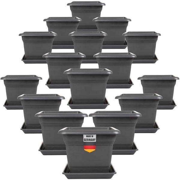 SUSTANIA Blumentopf Pflanzkübel Groß Außen mit Untersetzern (16er Set 40x40 cm), Anthrazit Blumentopf Gross
