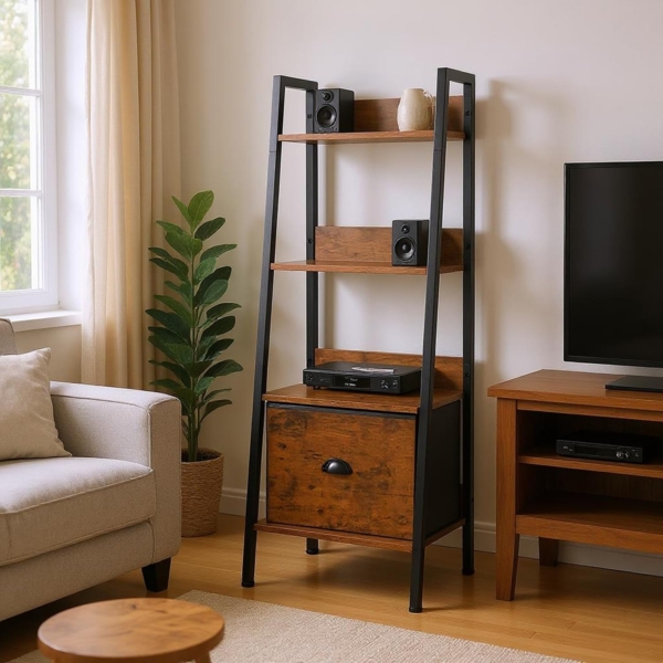 FurnitureR Pflanzenregal Leiterstil 42 x 29 x 110 cm, 4 Ebenen, Stoffschublade, 12 mm Holzplatten & 20 mm Metallrahmen, 7,5 cm Rückwand, Outdoor & Indoor Pflanzenständer