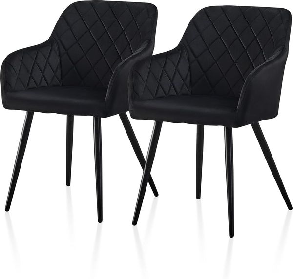 TUKAILAI Esszimmerstühle 2er Set aus Samt, Küchenstuhl Polsterstuhl Wohnzimmerstuhl Sessel mit Armlehnen Rückenlehne Metallbeinen, für Küche Esszimmer Wohnzimmer Lounge,Schwarz