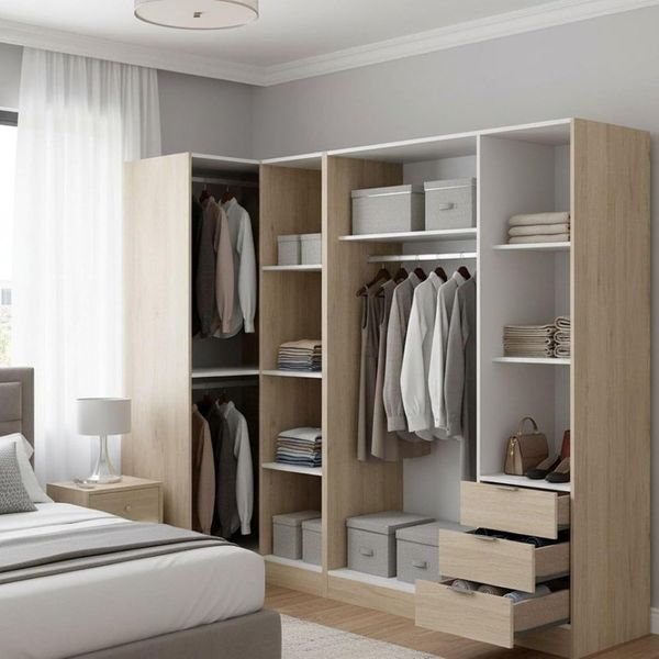 Dmora Succiso, Eckschrank für das Schlafzimmer, Eck-Kleiderschrank mit 5 Flügeltüren, 214 x 91 x 184 cm, Eiche, 5 Türen