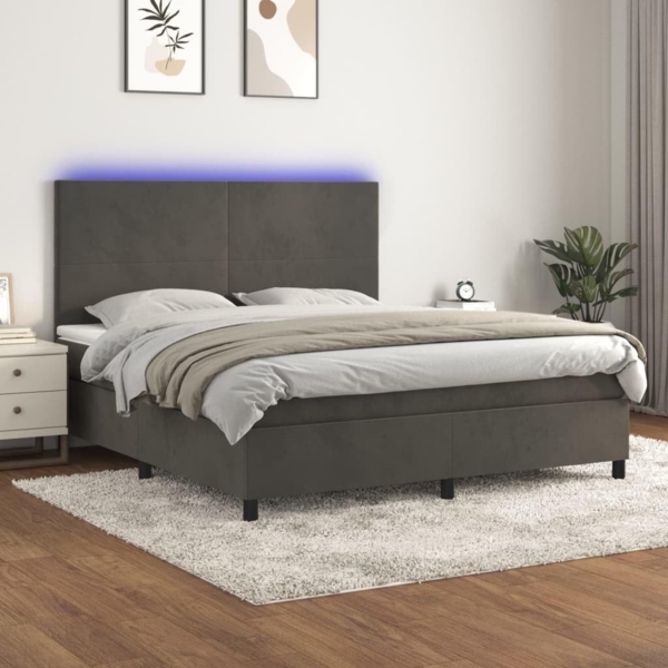 vidaXL Boxspringbett mit Matratze & LED Dunkelgrau 160x200 cm Samt 3136012