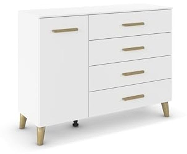 rauch Aditio Box, Kommode, 1-türig, 4 Schubkästen, Massivholz-Fuß, mit Softclose-Funktion, Farbe Weiß, BxHxT 120x92x44cm