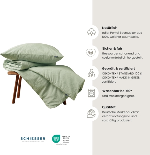 Schiesser Bettwäscheset Laura - Baumwoll Seersucker - 2-teilig - 135 x 200 cm - Hellgrün Bild 2