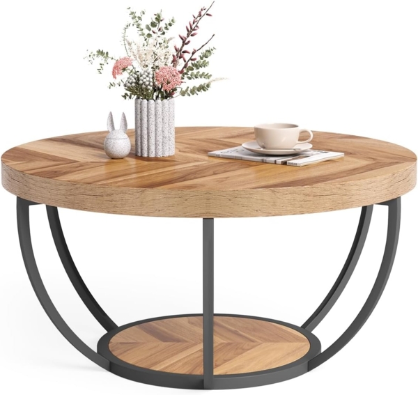 LITTLE TREE Runder Couchtisch, 81,3 cm, runder Couchtisch für Wohnzimmer, 2-stöckiger Holzakzent-Mitteltisch mit offenem Stauraum, Industrie-Design, Wohnmöbel (Holzmaserung und Schwarz)