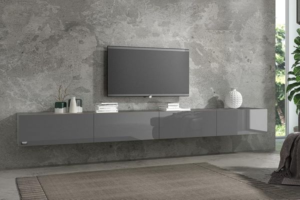 Wuun® 280cm/Grau-Hochglanz (Korpus Schwarz-Matt)/8 Größen/5 Farben/TV Lowboard TV Board hängend Hängeschrank Wohnwand/Somero