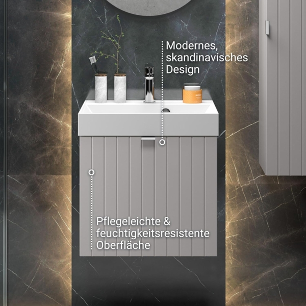 BADEDU ESLA Waschbecken mit Unterschrank 50 cm breit, Grau, Waschbecken Gussmarmor Weiß Bild 5