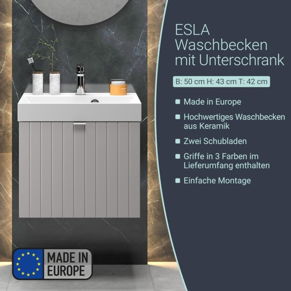 BADEDU ESLA Waschbecken mit Unterschrank 50 cm breit, Grau, Waschbecken Gussmarmor Weiß Bild 3
