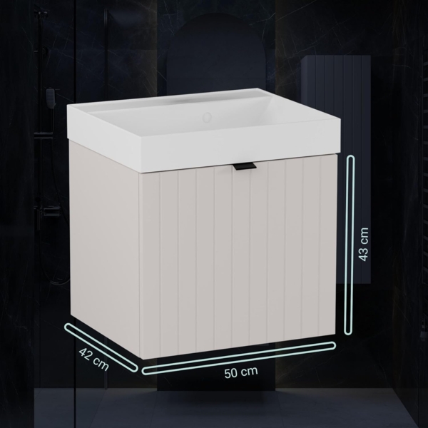 BADEDU ESLA Waschbecken mit Unterschrank 50 cm breit, Grau, Waschbecken Gussmarmor Weiß Bild 2