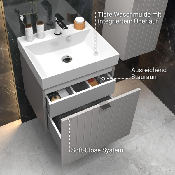 BADEDU ESLA Waschbecken mit Unterschrank 50 cm breit, Grau, Waschbecken Gussmarmor Weiß Bild 4