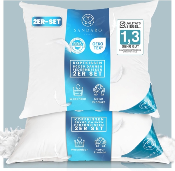 Sandaro Home Daunenkissen Luxuriöses Kopfkissen mit Daunen & Federn, Füllung: 70% Daunen/ 30% Federn, Bezug: Baumwolle, Weiches Kissen für erholsamen Schlaf, 80 x 80 cm