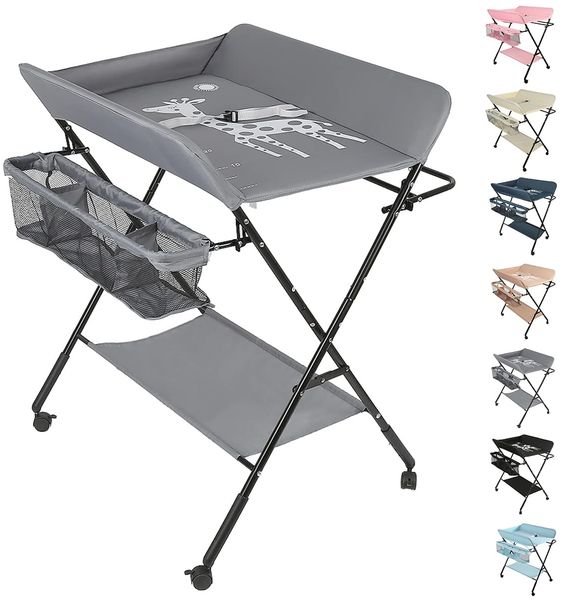 OHMG Baby Wickelkombi Klappbare Wickelkommode,Wickeltisch mit Rollen,Mobiler Wickeltisch mit Wickelauflage,Sicherheitsgurt und Ablagefächern,Wasserdicht und Höhenverstellbar,Stabil