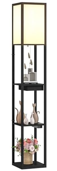 HOMCOM Stehlampe moderne Stehleuchte mit USB-Anschluss, Fußschalter, Ablagen, ohne Leuchtmittel, für Wohnzimmer, Schlafzimmer, Schwarz+Weiß