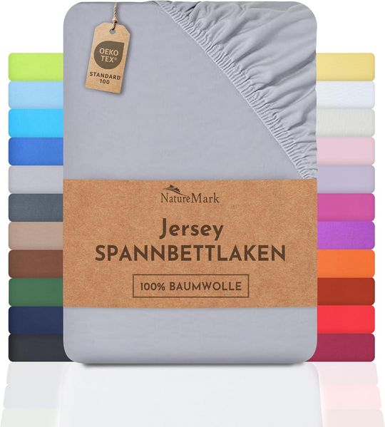 NatureMark Jersey Spannbettlaken, Spannbetttuch 100% Baumwolle in vielen Größen und Farben MARKENQUALITÄT ÖKOTEX Standard 100 | 180x200 cm - 200x200 cm - Silber grau