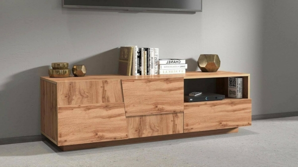 Dmora - TV-Ständer Velio, niedriges Wohnzimmer-Kommode mit 2 Türen und 1 Schublade, TV-Ständer-Basis, 150 x 44 x 46 cm, Eiche