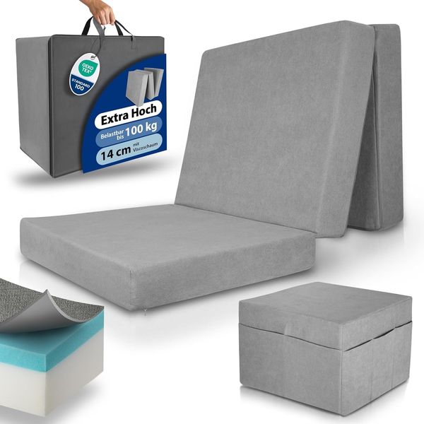 Klappmatratze Premium L Klappmatratze Gästebett inkl. Husse VS95, 75x195cm Grau, Beautissu, 14 cm hoch, extra dick 14cm Visco-Matratze Härtegrad H3 waschbar Grau