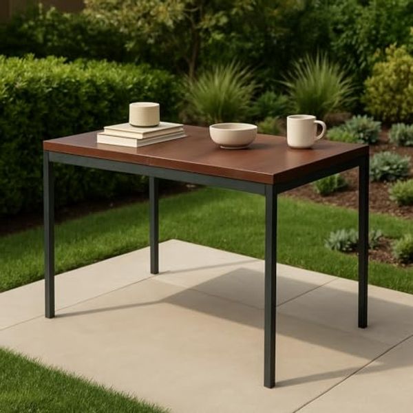FurnitureR Garten-Bartische in Braun, für 4 bis 6 Personen, Dicke Holzplatte mit Metallstruktur, für Terrasse, Terrasse, Esszimmer, Garten, 120 x 70 x 75 cm