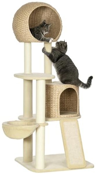 PawHut Kratzbaum Katzenbaum mit Katzenhaus, Katzenkratzbaum, Plüsch, Beige, 60B x 60T x 150H cm