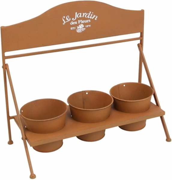 3x Blumentopf "Fleurs" + Halter aus Metall in Rost Optik, Pflanztopf Set, Pflanzgefäß, Gartendeko für Draußen Bild 3