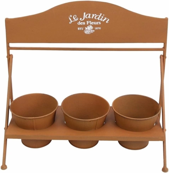 3x Blumentopf "Fleurs" + Halter aus Metall in Rost Optik, Pflanztopf Set, Pflanzgefäß, Gartendeko für Draußen Bild 2