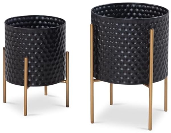 Blumentopf 2er Set Metall Schwarz Gold Rund mit Füßen Wabenmuster Indoor
