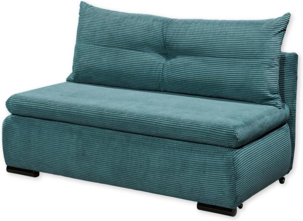 CHARLIE Bequemes Schlafsofa mit Bettkasten in Cord-Optik, Azur - Kompaktes Sofa mit Schlaffunktion - 153 x 75/90/92 x 83 cm (B/H/T)